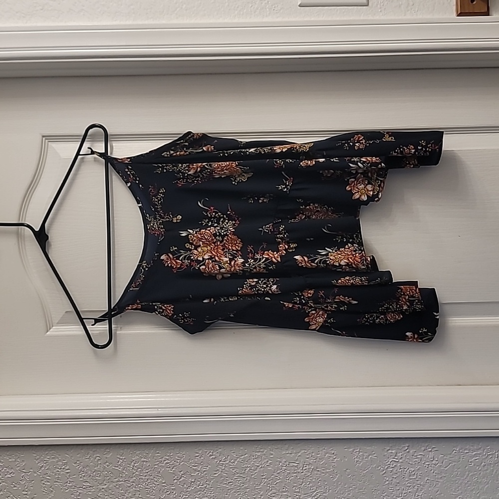 Navy and floral off shoulder spaghetti strap blouse with flared sleeves